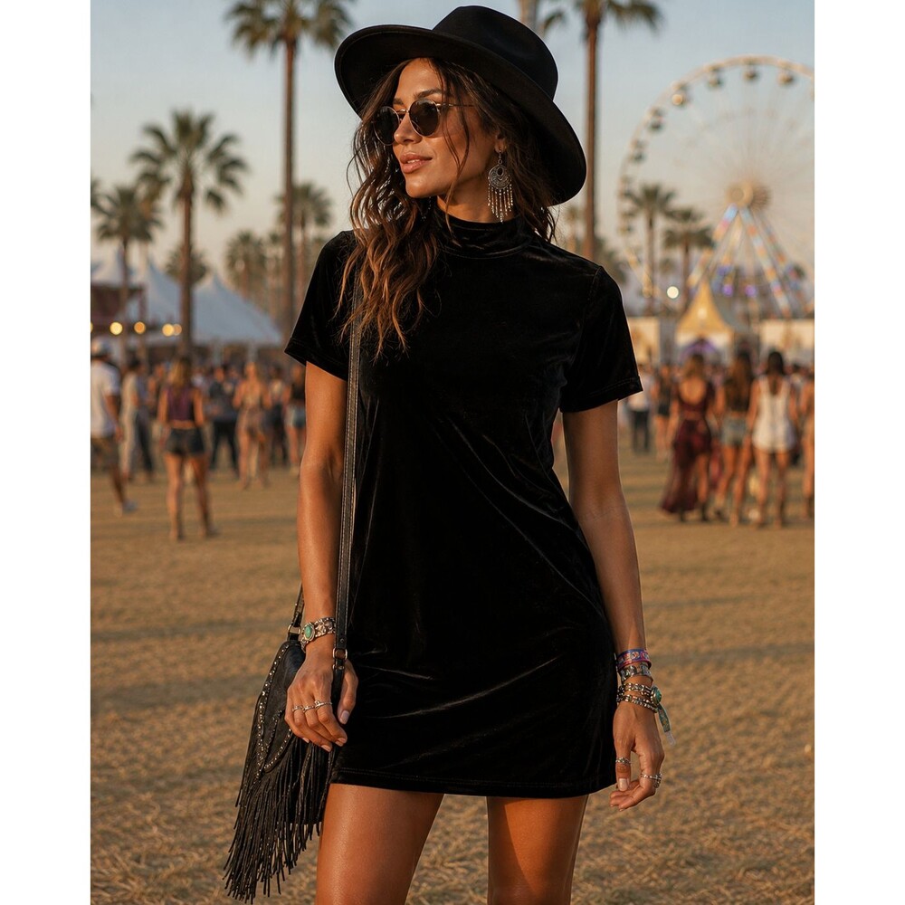 Madewell H2540 Solid Black Velvet Short Sleeve Mock Neck Dress Size Small - Picture 1 of 8